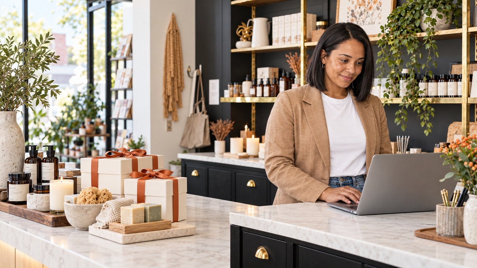 A gift-shop owner in a tan blazer checks her laptop behind a shop counter.
